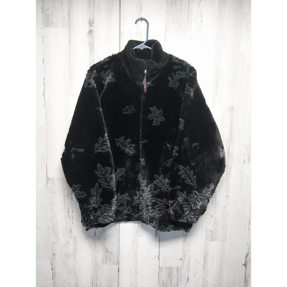 Coastlines Women's Small Black Thick Fleece Full Zip Jacket Gray Leaves